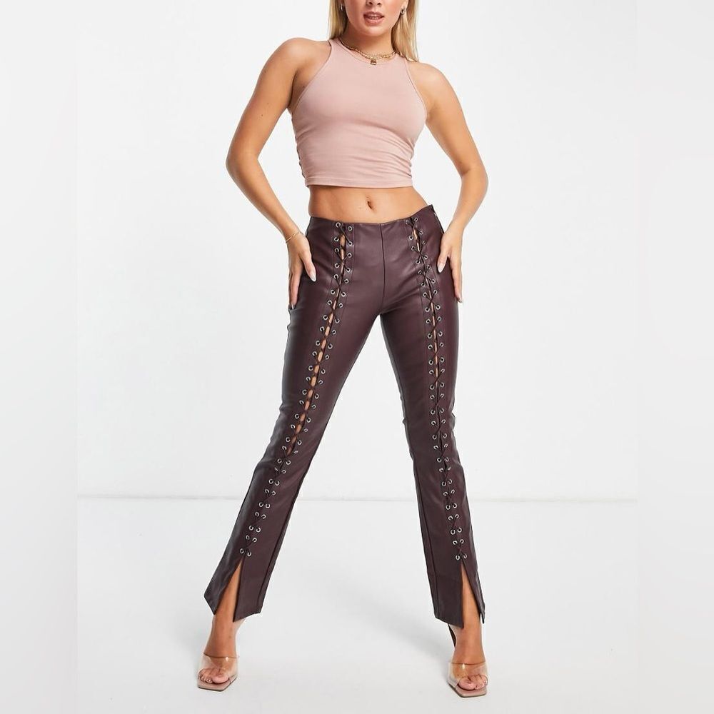 ASOS Faux Leather Lace Up Flare Split Cuff Pant In Plumb Red
